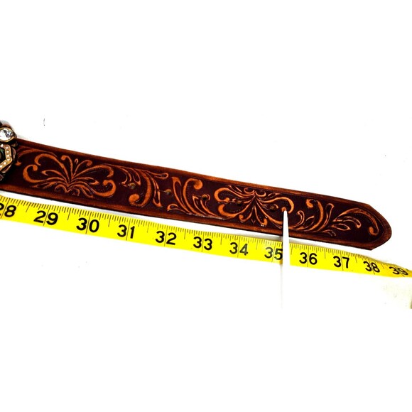 Tony Lama Brown Tooled Western Belt Cross Rhinestone Cochos Size 32 C50758 ~ USA - Picture 16 of 16